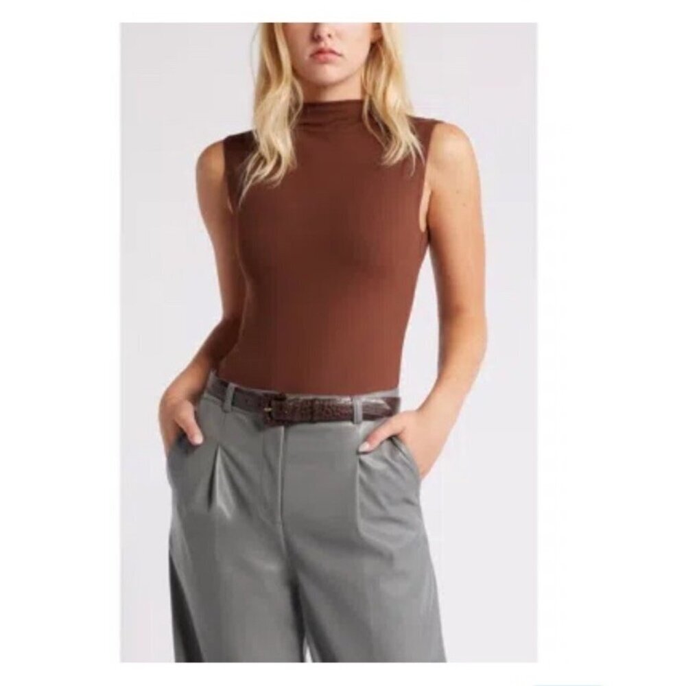 Open Edit Funnel Neck Brown Sleeveless Bodysuit Double Layer Minimalist Chic S